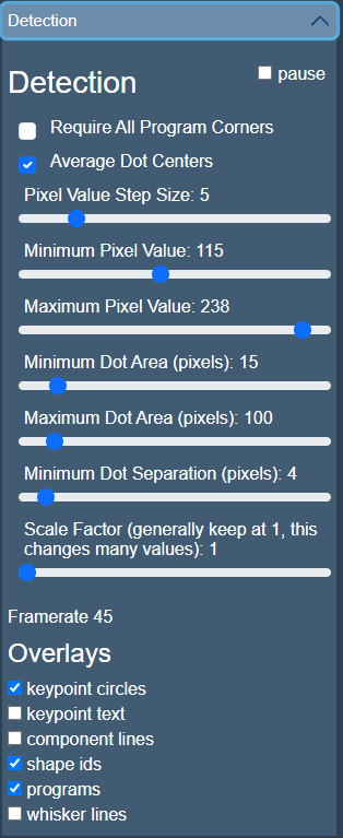 detection parameter control sliders