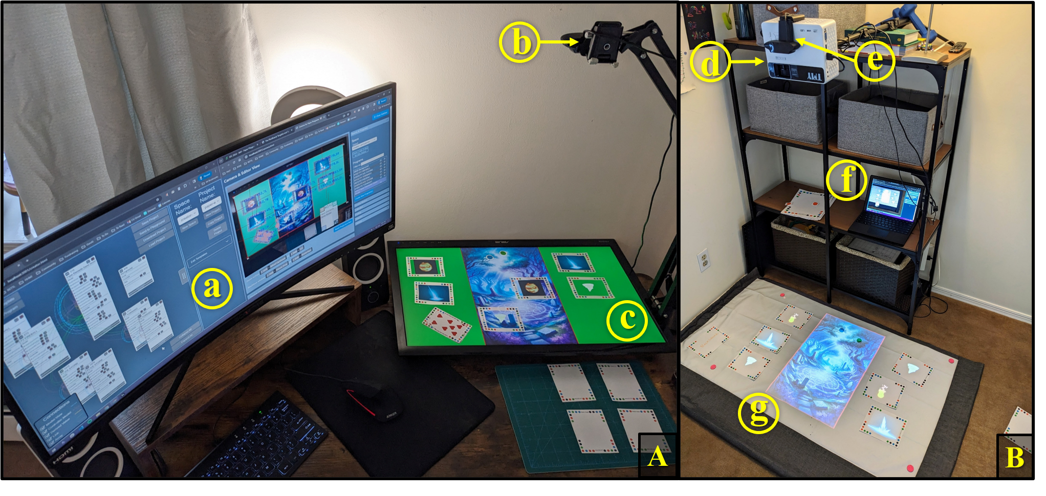 (Left) Minimal configuration using Creator editor, detected wallet-sized papers, and displaying code output to an up-turned monitor. (Right) Same programs as above using letter-sized programs and visuals displayed using a mini-projector.