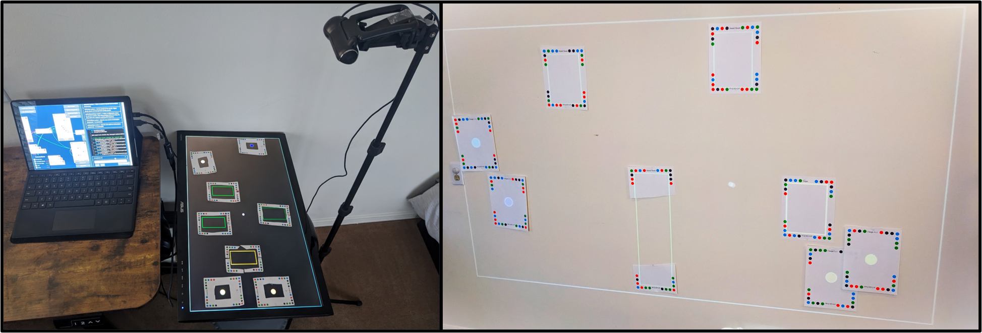 (Left) Minimal configuration using Creator editor, detected wallet-sized papers, and displaying code output to an up-turned monitor. (Right) Same programs as above using letter-sized programs and visuals displayed using a mini-projector.